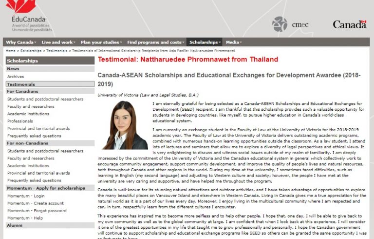 นางสาวณัฐฤดี พรหมณาเวช ได้รับทุนเต็ม “Canada-ASEAN Scholarships and Educational Exchanges for Development Awardee (2018-2019)”